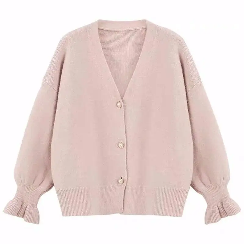 

YOCALOR Sweet Sweaters Women Solid Loose Single Breasted V Neck Cardigans Autumn 2020 Casual Flare Long Sleeve Coats Femme