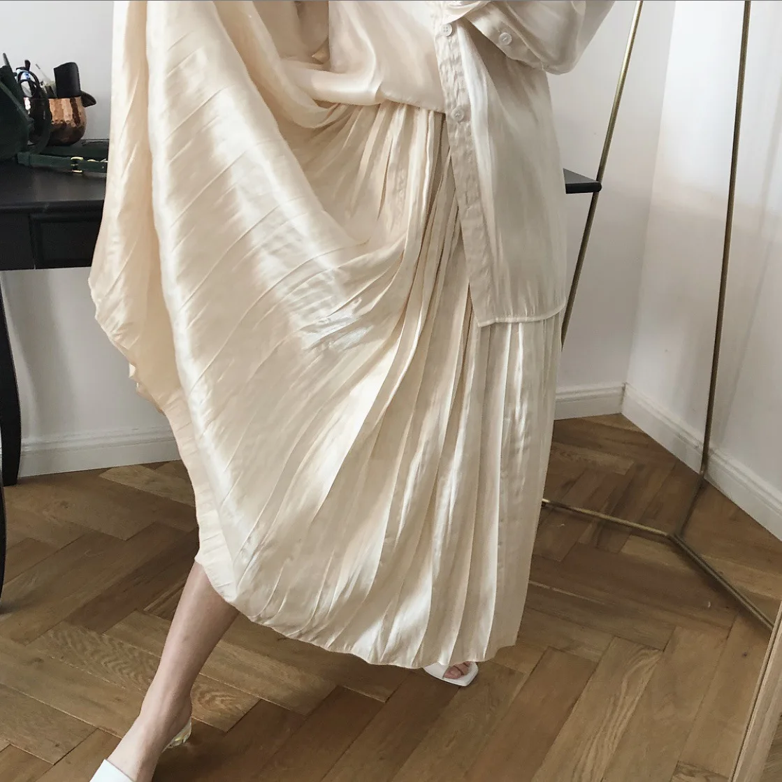 Женская плиссированная шелковая юбка миди Элегантная атласная макси с высокой