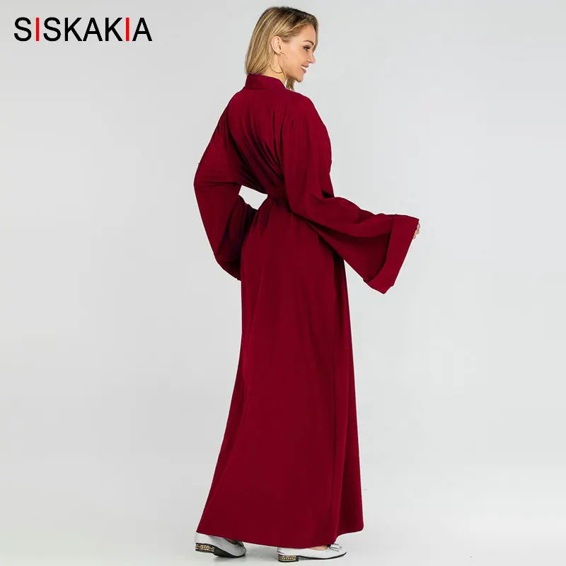 Женское платье с поясом Siskakia повседневная однотонная мусульманская одежда из