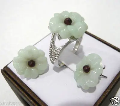 

new Style Hot sale*******Beautiful White jade Engraved Flower Design Earring Ring Fashion Wedding Party Jewellery