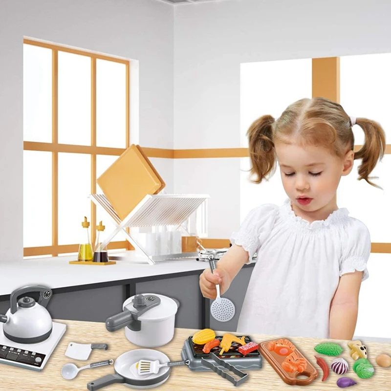 

52PCS Kitchen Play Toys, Pretend Play Cookware Set with Pot and Pans, BBQ Toy, Cutting Vegetables, Play Cooking for Kids
