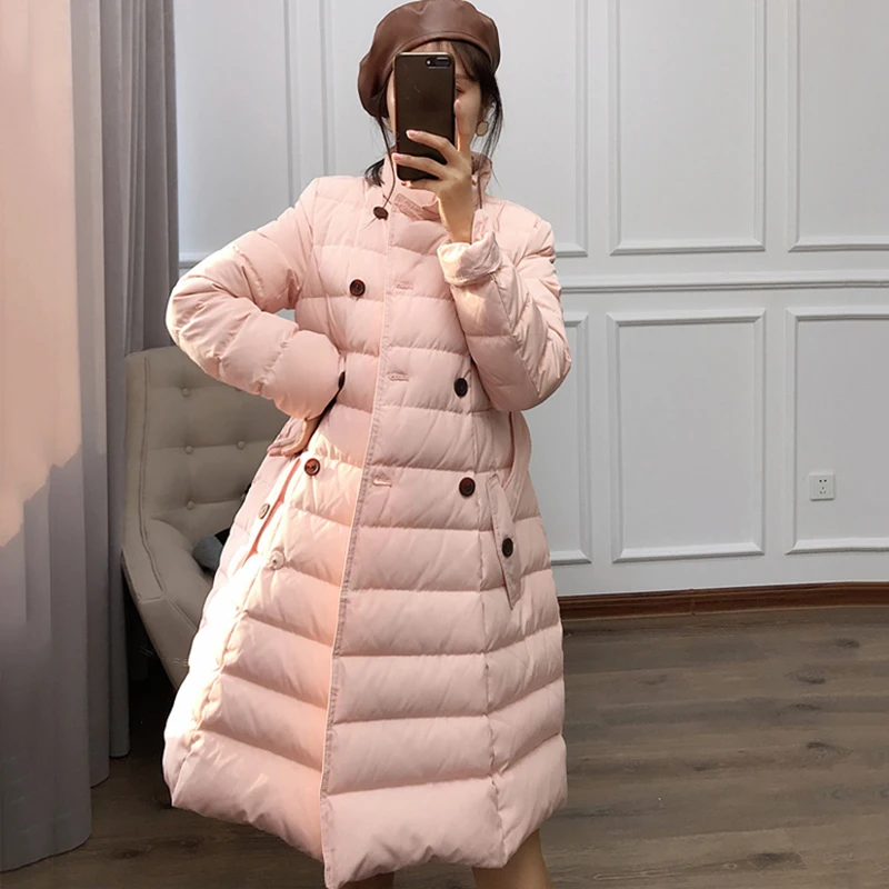 2021 Winter Down Coat Women Long Parka Jacket With Real Raccoon Collar White Duck Feminine Pink Overcoat Korean | Женская одежда