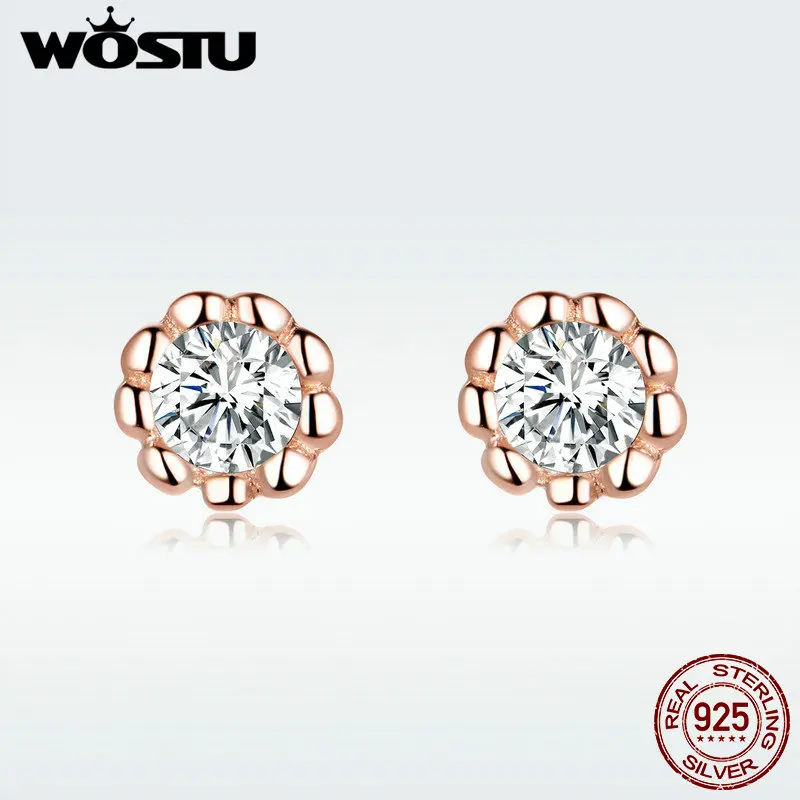 WOSTU S925 циркониевые нежные серьги гвоздики золотистого цвета из 100% настоящего