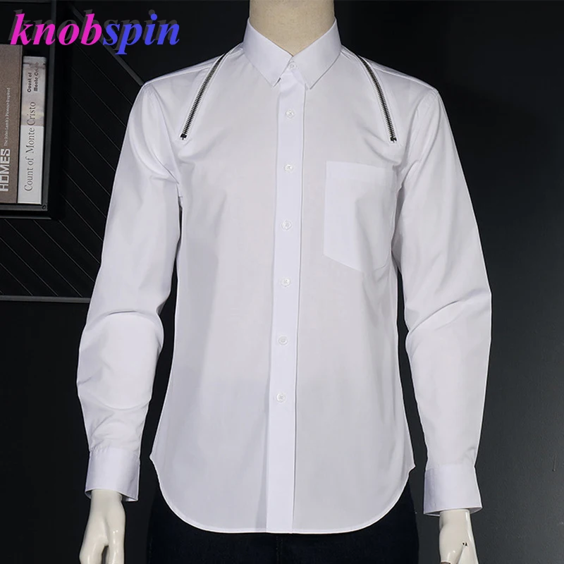 Мужская хлопковая рубашка на молнии черная или белая приталенная Повседневная