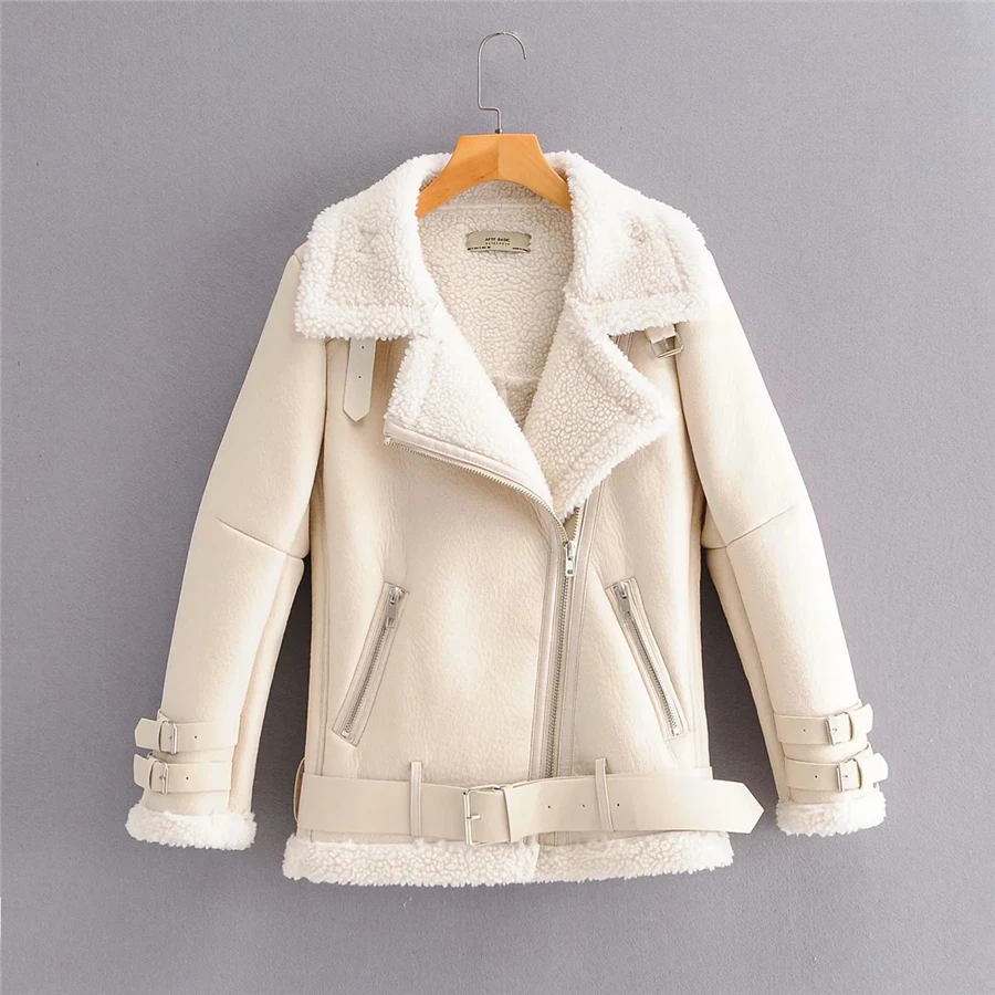 

LA CISNE Women's Autumn And Winter Warm Jacket Fur One Coat Big Lapel Pu Leather Diagonal Zipper Leather Jacket Women