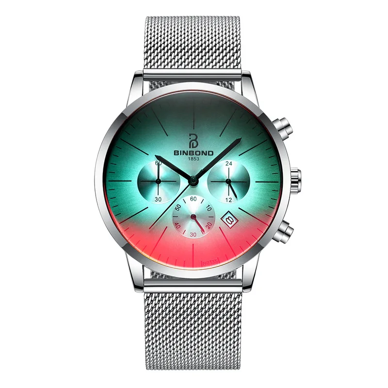 

New Blue Stainless Steel Mesh Band Men's Watch Fashion Sports Multi-function Chronograph Quartz Wrist Watches