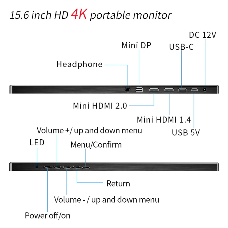 저렴한 4K 휴대용 모니터, 15.6 인치, 3840X2160 IPS LCD 디스플레이, HDMI DP, C 타입, PC 노트북 전화 PS4 스위치 XBOX 1080P 게임용 모니터