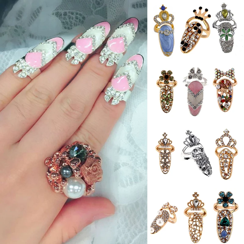 

Adjustable Charm Rhinestone Open Ring Fingernail Protective Fashion Jewelry Bowknot Crown Crystal Finger Nail Rings For Women