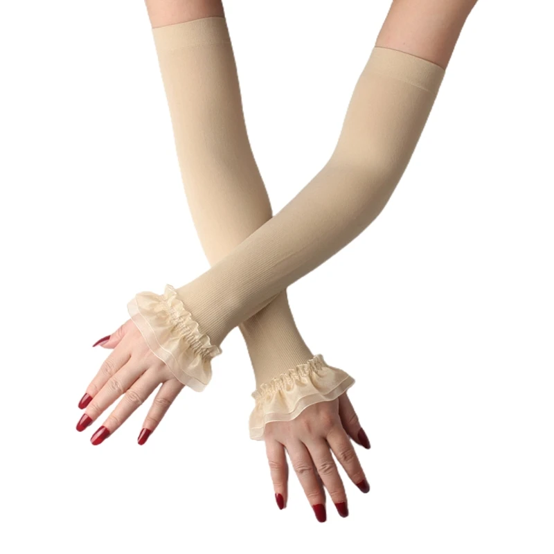 

Women UV Protection Fingerless Gloves Ruffles Mesh Patchwork Arm Warmer Sleeves 649C