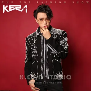 2021, новинка, для ночного клуба, черные модельные пальто тяжелой промышленности жемчужина заклепки куртка мужская певица сценические костюмы размера плюс, одежда