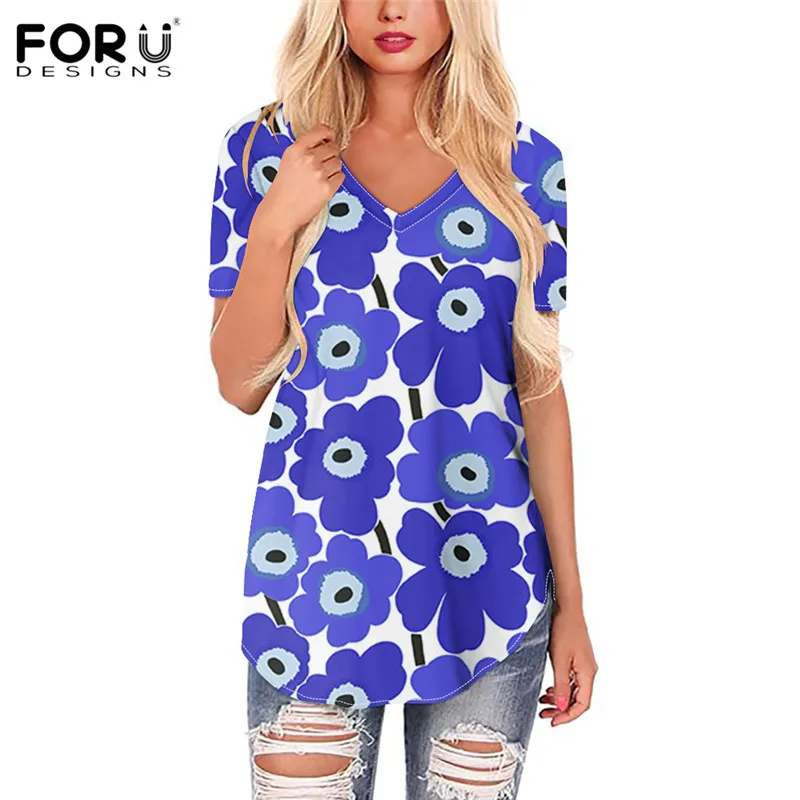 

FORUDESIGNS Ladies Blue Tops Little Daisies Flowers Prints Summer Short Sleeved T Shirts Girls Fashionable Harajuku Loose Blouse