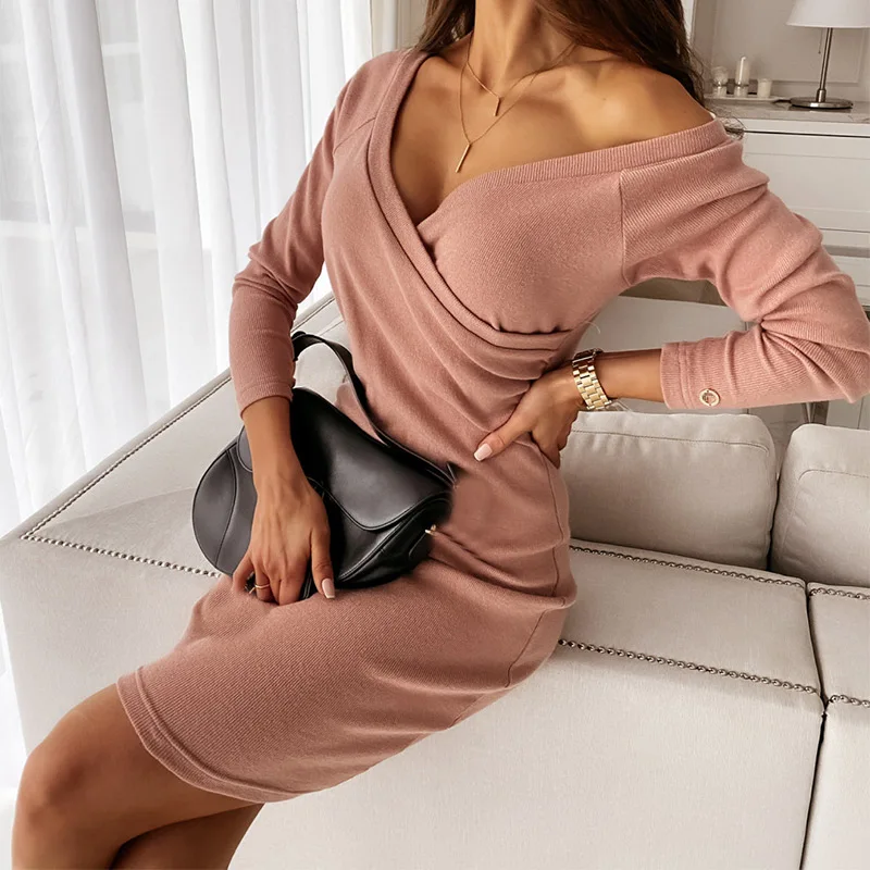 

Deep V-Neck Patchwork Women's Pencil Mini Dress Bodycon Slim Elastic Sexy Long Sleeve Ladies Vestidos Streetwear Fashion Spring