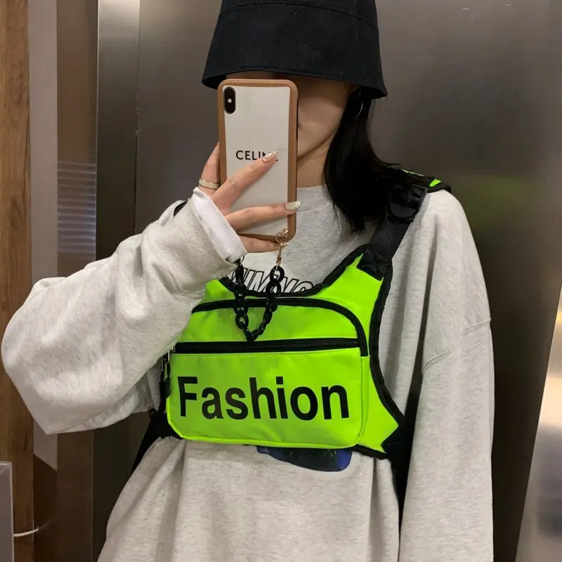 

Women Men Neon Green Chest Rig Bags Waist Fanny Pack Kanye Streetwear Hip Hop Sports Fashion Ladies Casual Adjustable Pocket