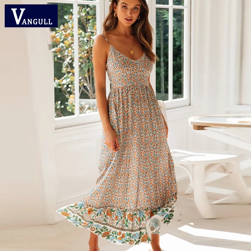 

Vangull сексуальный Цветочный принт женское длинное платье с треугольным вырезом, с открытой спиной, из кусков, пляжные оборками платье с юбкой...