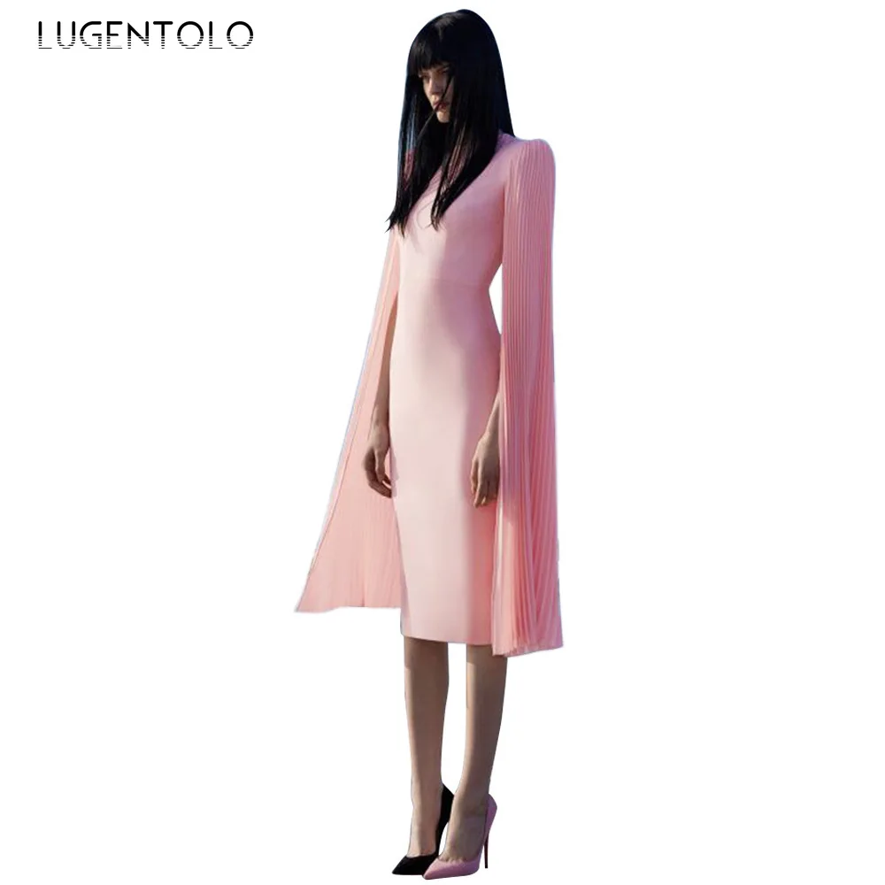 

Lugentolo Elegant Dress Women Slim Party Solid O-neck Long Cape Sleeve Dresses Ladies Temperament Empire Pencil Dress