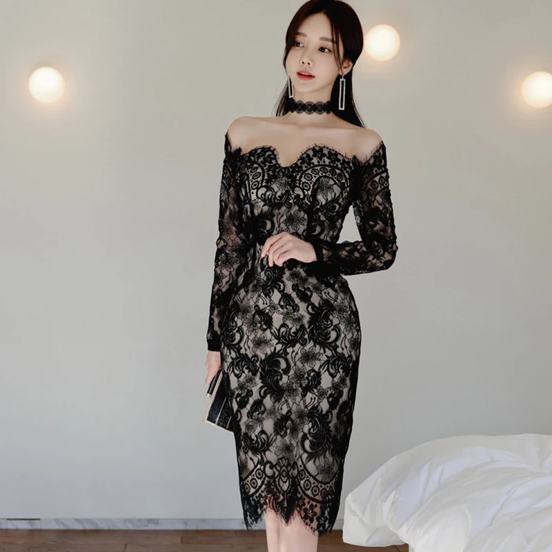

new arrival fashion spring midi party dress women OL professional temperament sexy one-neck strapless lace slim pencil dress