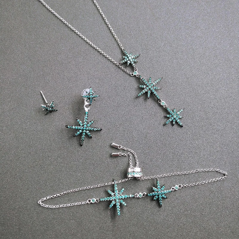 S925 gümüş yeni göl mavi üç yıldız kolye altı köşeli yıldız küpe yıldız bilezik kazak zinciri fas takı