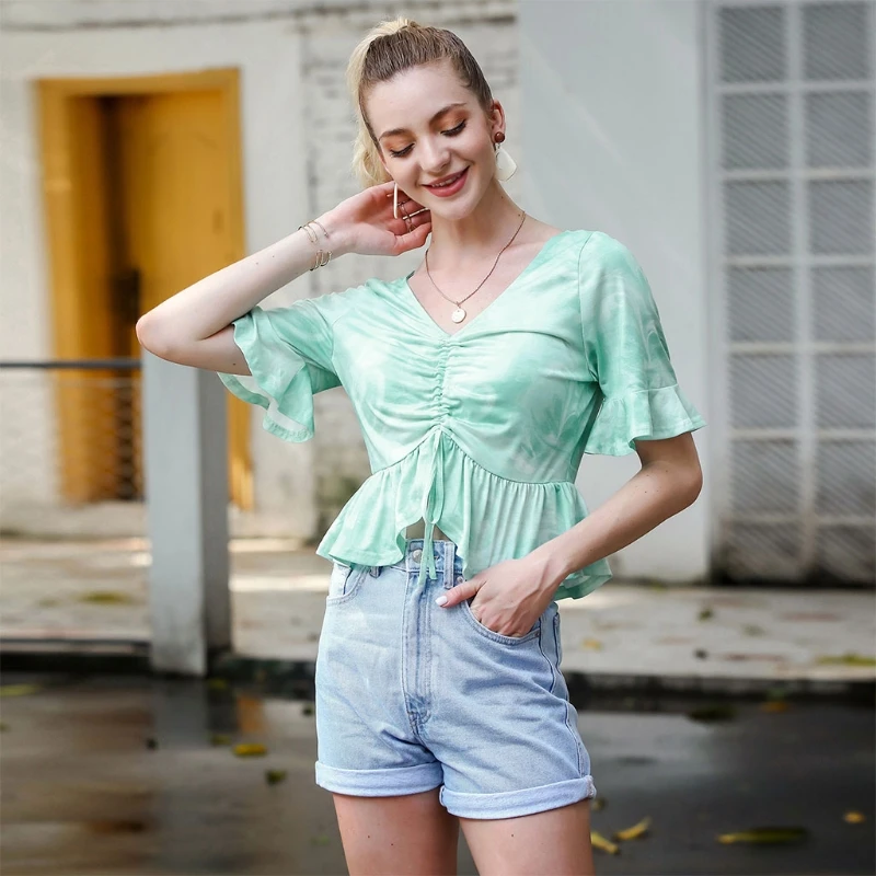 

Women Tie-Dye Summer Casual Tunics V Neck Short Sleeve Pleated Drawsting Crop Tee Top M7DD