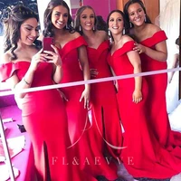 simple red satin mermaid bridesmaid dresses side split wedding party gowns lace up women occasion dress plus size dresses