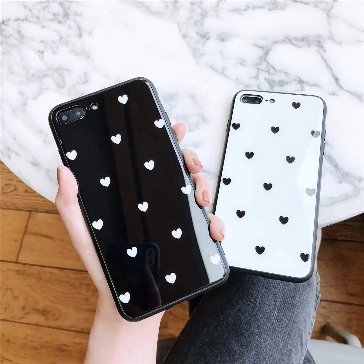 Чехол HYH для iphone белый и черный маленький с узором в виде сердца