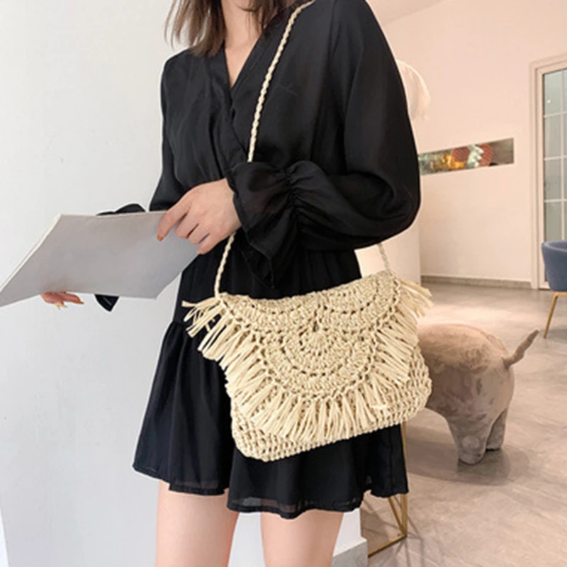 

New Handmade Hand-woven Bag Holiday Beach Girl Bag Woven Bag Straw Woven Handbag Large Capacity Ethnic Style Contrast Color