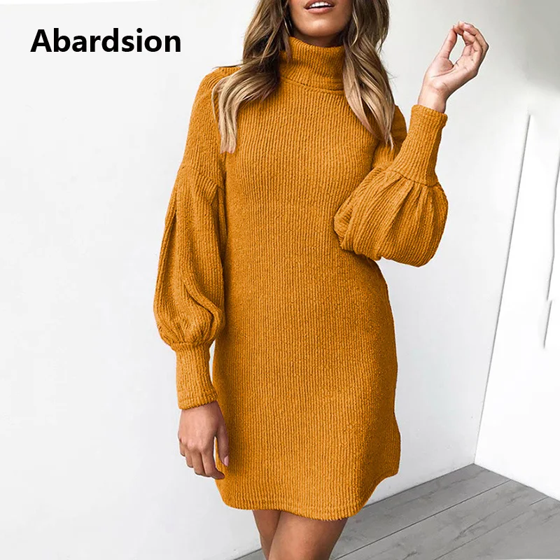 Abardsion Women Sweater Dress Autumn Winter Clothes 2019 Female Casual Loose Pink Puff Long Sleeve Turtleneck Knitted Dresses | Женская