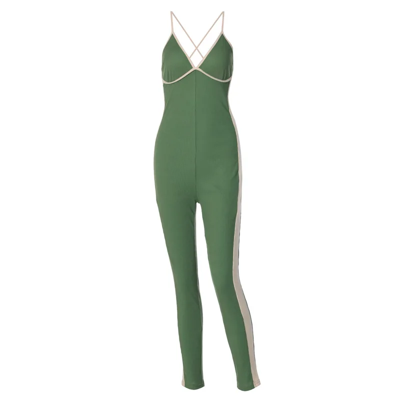 

Women Active Wear Jumpsuit Color Block Deep V Neck Strap Sleeveless Backless Slim Rompers Summer Ribbed Casual Sporty Outfits