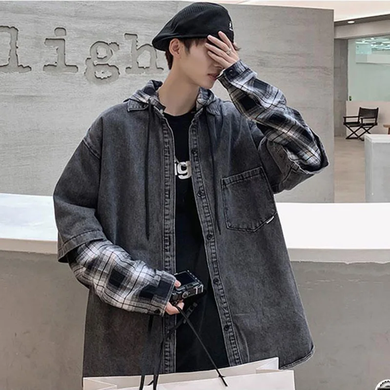 

E-BAIHUI Patchwork Men's Denim Jacket Pretend Two Piece Casual Loose Jeans Plaid Coat Korean Clothes Hip Hop Fashion Streetwear