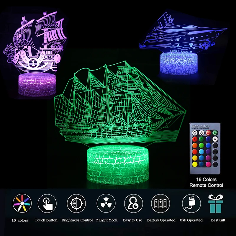 

3D Novelty Sailing Sea Boat Ship Night Light LED USB Table Lamp Colorful Remote Control For Kids Bedroom Decor Toy Holiday Gifts