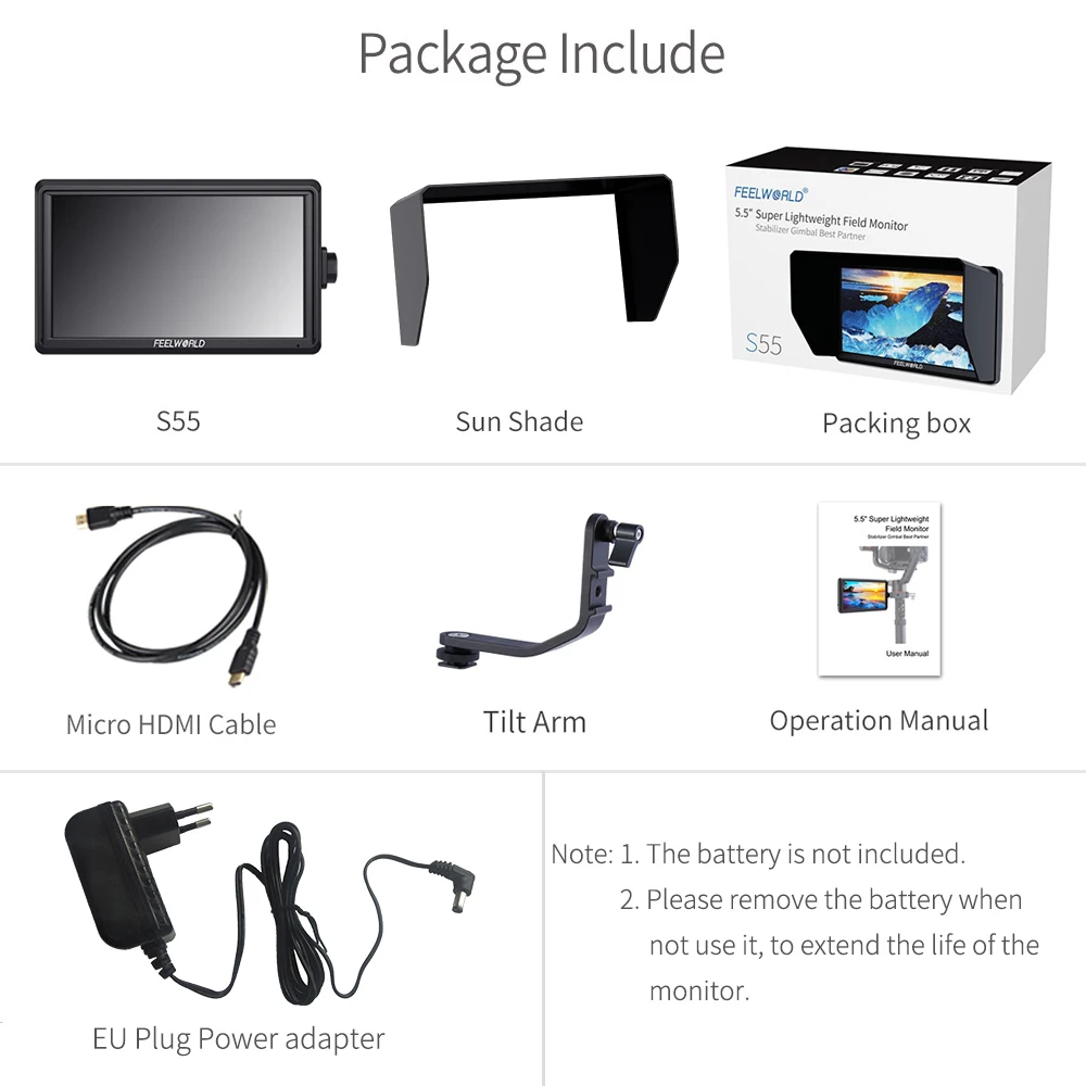 EU Plug Type FEELWORLD S55 5,5 дюймов ips на камеру поле DSLR монитор фокус помощь 1280x720 поддержка 4K HDMI вход выход DC включает Наклонный рычаг - Цвет: EU Plug Type