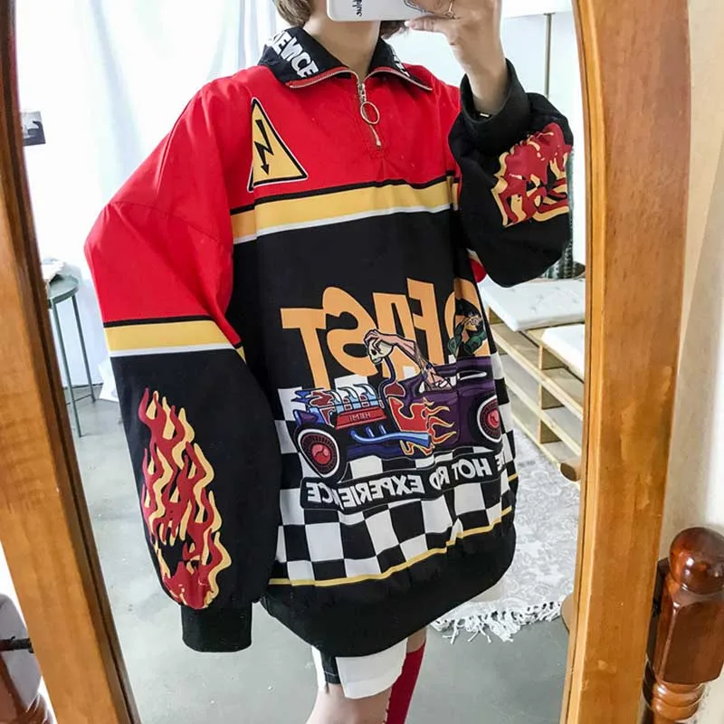 NiceMix женские трендовые Топы новые Ins Harajuku стиль принт пламя Свободный свитшот повседневные большие толстовки хип-хоп мода