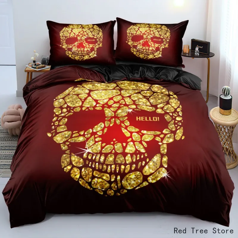 

Golden Skull 3D Print Duvet Cover Queen King Size Luxury Sugar Skull Bedding Set Quilt Cover and Pillowcase Cartoon Bedspread