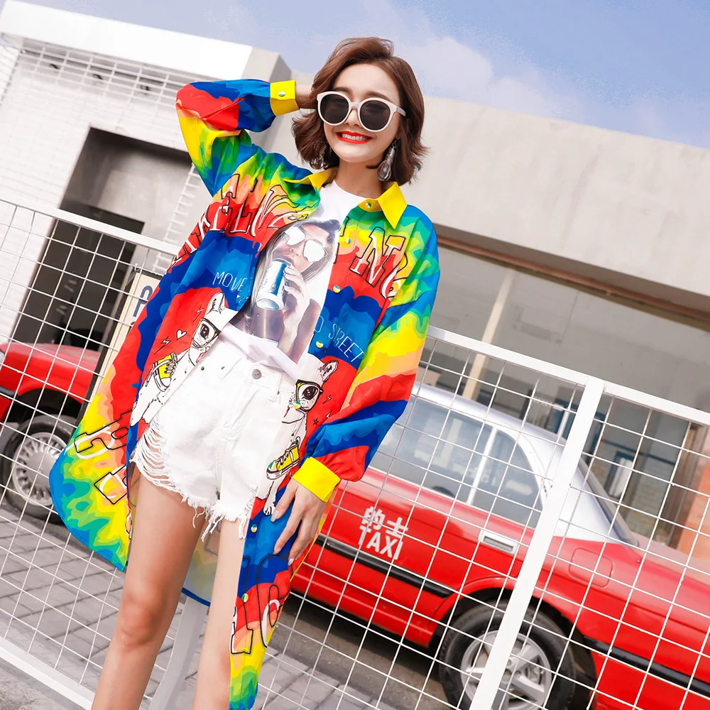 

Tide brand 2020 spring and summer new cartoon printing rainbow mid-length shirt women loose long-sleeved shirt cardigan