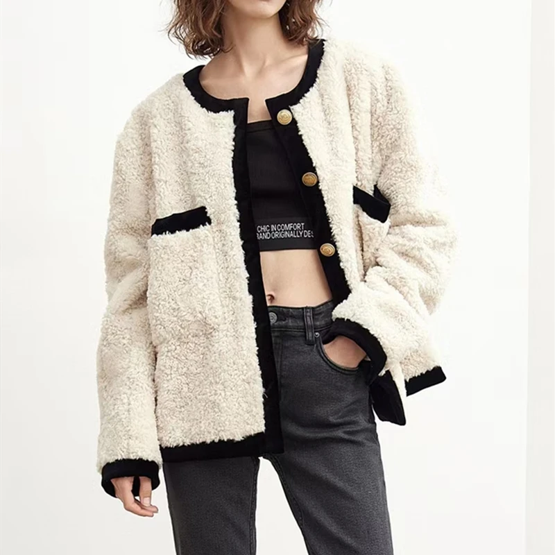 Женское однобортное короткое пальто пушистый топ контрастных цветов с круглым