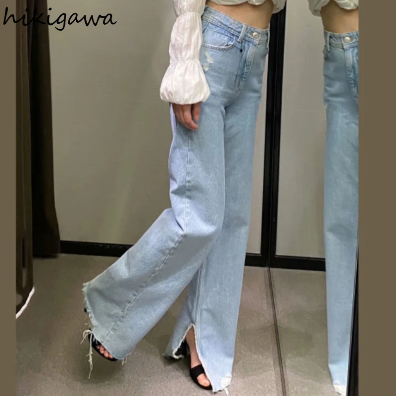 

Hikigawa Denim Jeans New Fashion High Waist Split Ripped Jeans for Women Straight Streetwear Temperament Casual Jeans Woman