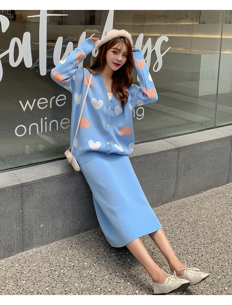 Autumn Winter Women Elegant Love Heart Knitted Cardigan Sweater+High Waist A-Line Skirt 2 Piece Set Loose Knitted Midi Dress Set