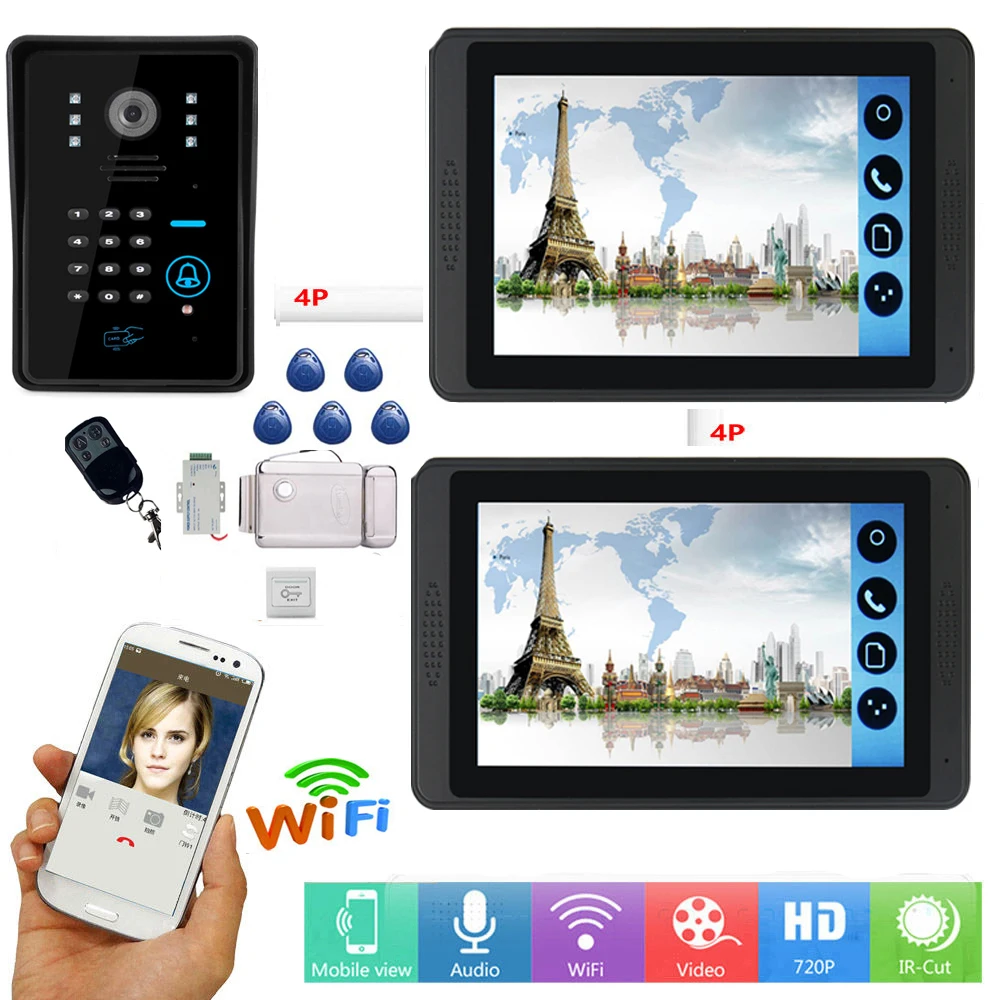 

wired WiFi Intercom 7" RFID Password Video Door Phone Intercom System Kit+ Electric Strike Lock+ Wireless Remote Control unlock