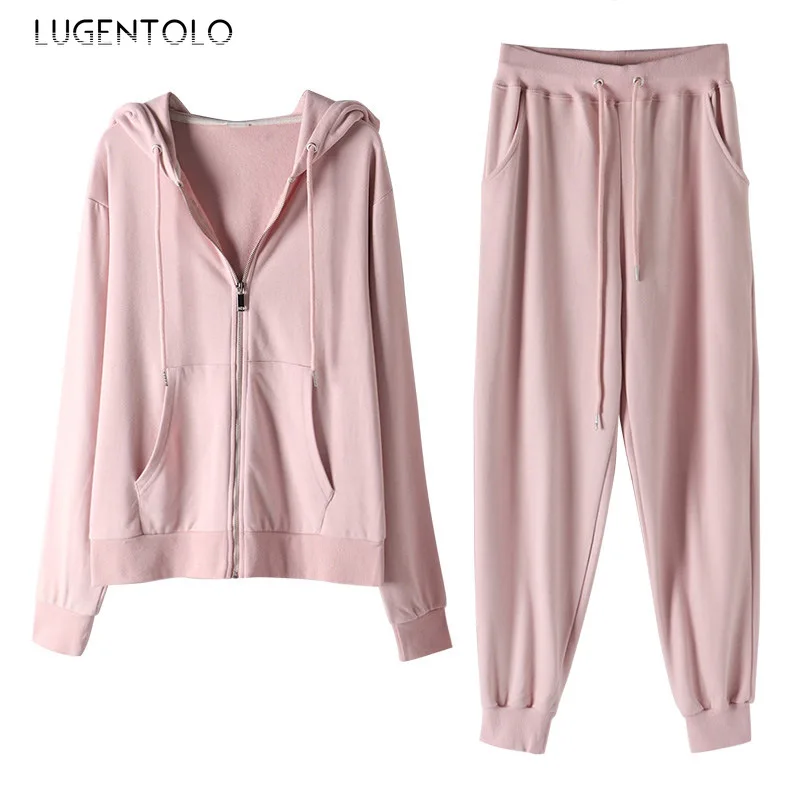 

Lugentolo Women Two-Piece Set Thin Hooded Spring Autumn Zipper Sweatshirt Sports Casual Ankle Banded Pants Female Sets