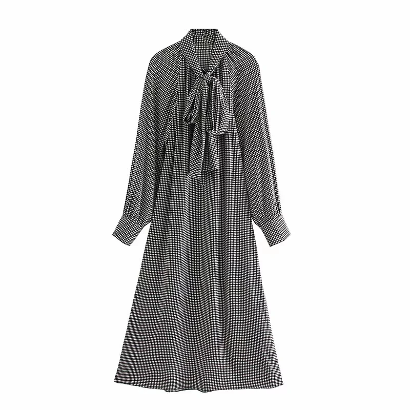 Женское клетчатое платье макси Элегантное Длинное с длинным рукавом и бантом на