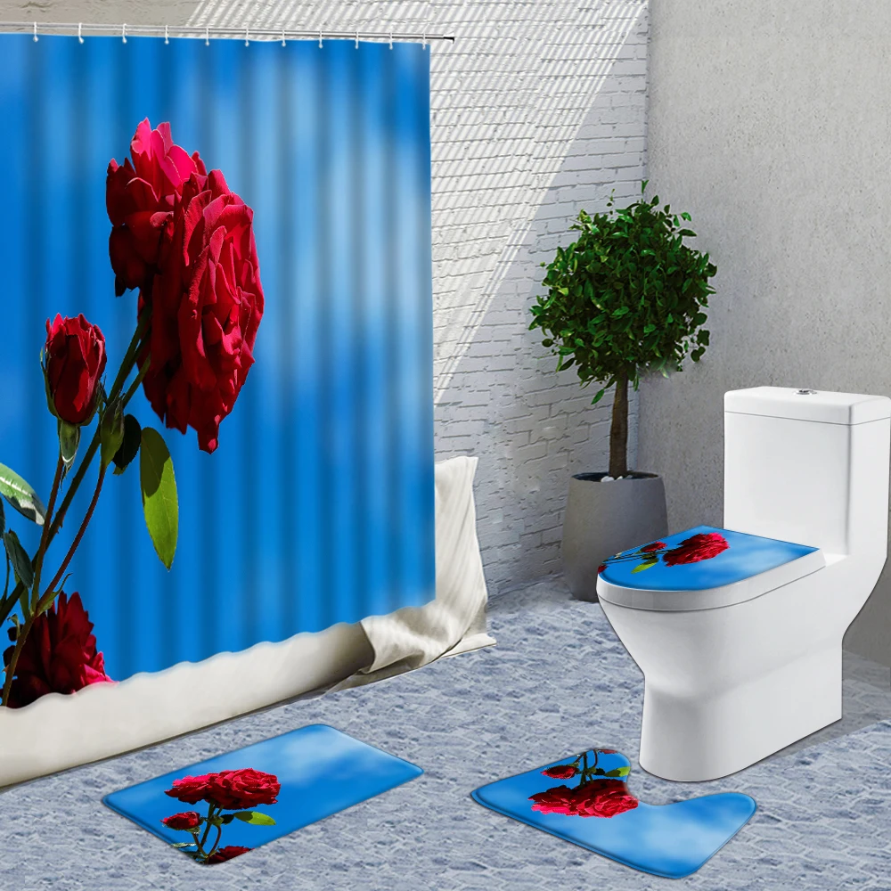 

3D Blue Rose Flower Shower Curtain Fabric 4-Piece Set Bathroom Curtains Red Rose Non-Slip Rug Toilet Lid Cover And Bath Mat