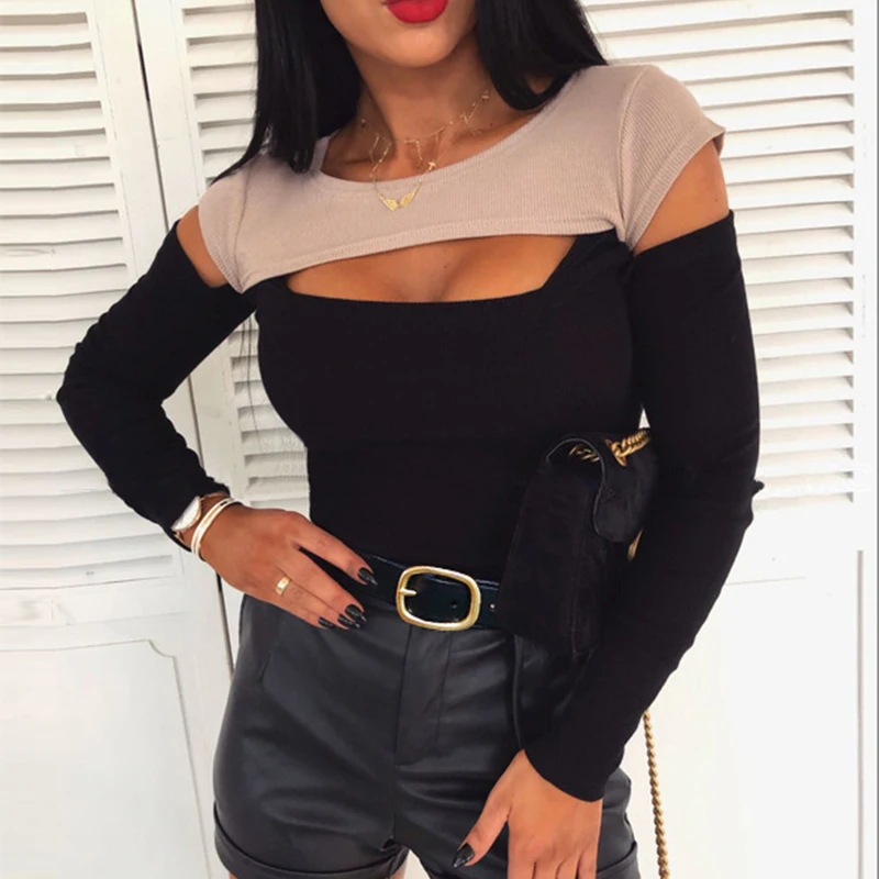 

Sexy Wrap O Neck Cut Off Patchwork Blouse Shirt 2020 Spring Elegant Long Sleeve Ribbed Top Autumn Casual Womens Blouses and Tops