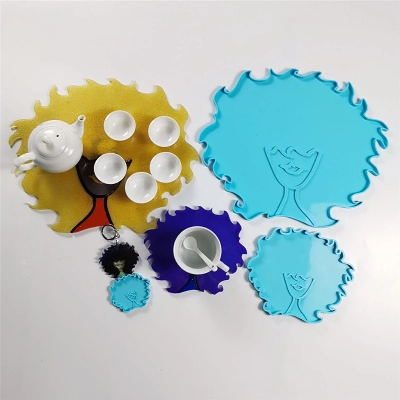 

3 Pcs Afro Female Beauty HeadKeychain Epoxy Resin Mold Rolling Tray Serving Board Coaster Silicone Mould DIY Crafts Tool