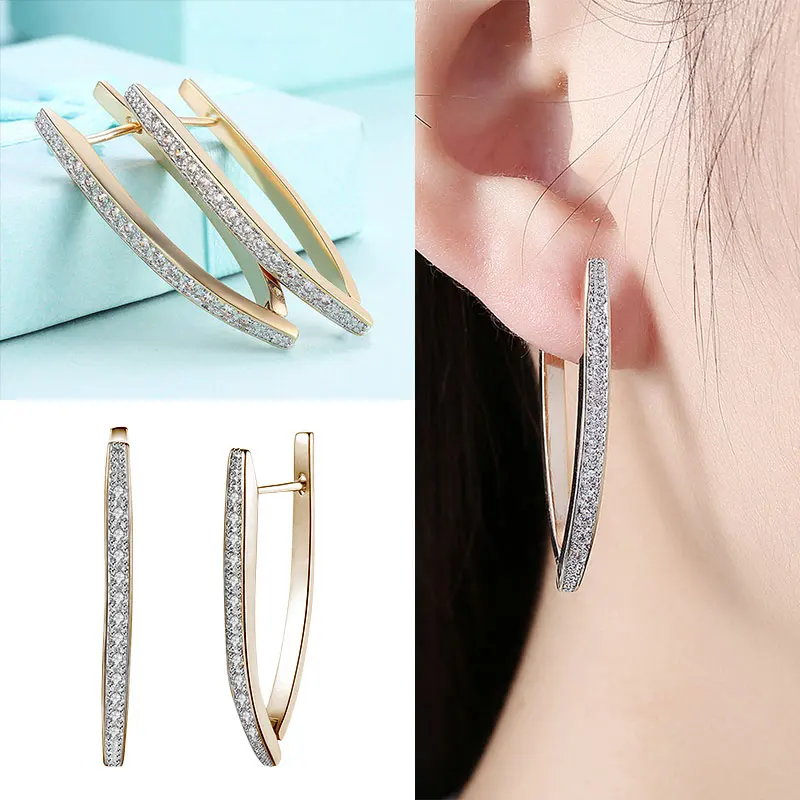 

European Style Hoop Earring Women's Single Row Zircon Inlaid Champagne Gold Color Ear Clip Jewelry Wedding Earrings 2021 Trend