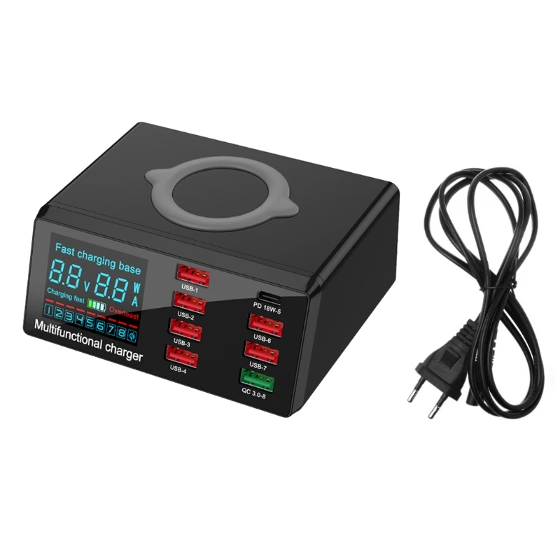 

8Port Type C PD QC3.0 USB Fast Charger 10W Wireless Charger Station LED Display 1XCB
