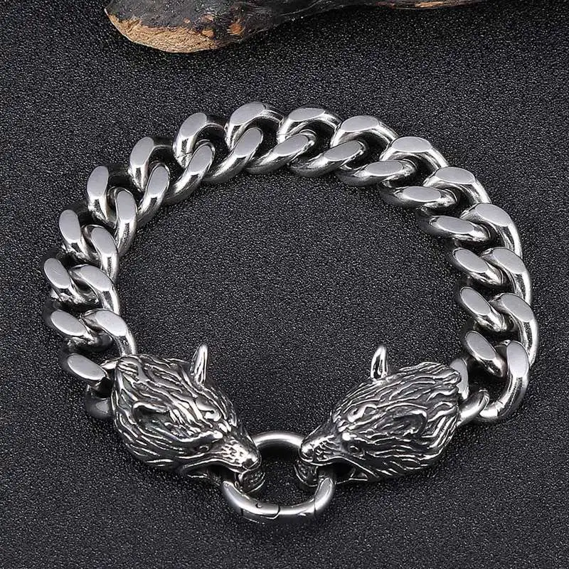 

12mm Stainless Steel Curb Cuban Link Chain Double Wolf Head Bracelets for Men Hiphop Rock Punk Jewelry Male Gift GL0011