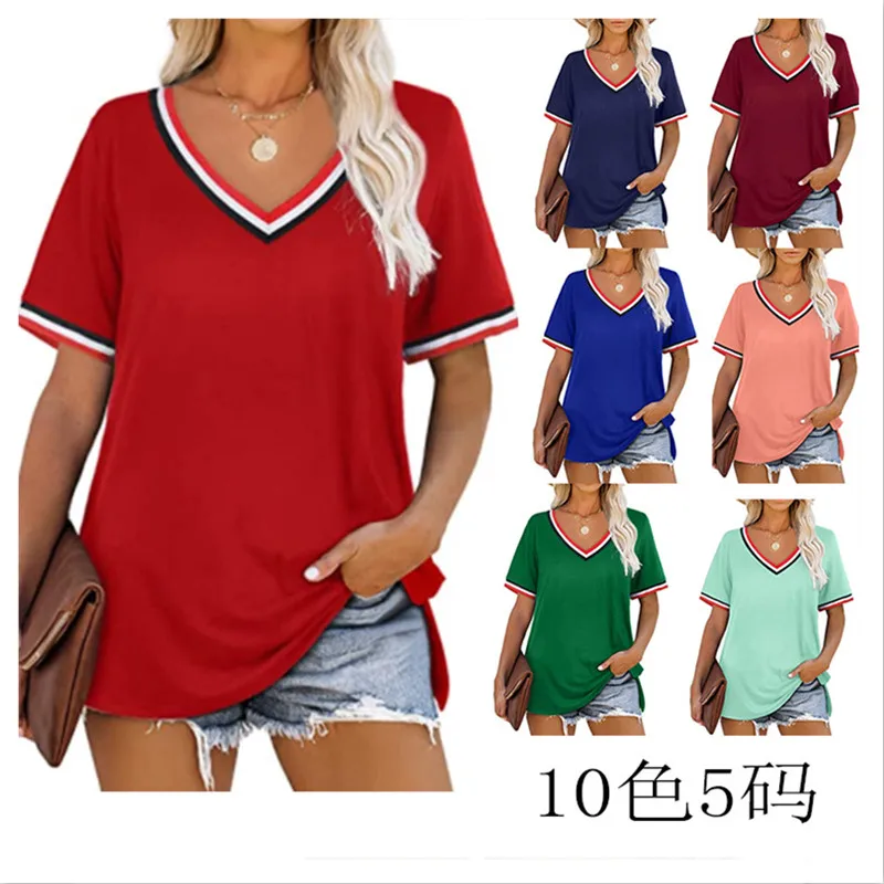 

Solid T Shirt Women V Neck Short Sleeve Top Ladies Casual Loose T Shirt Female Striped Patchwork Pullover Summer Top Tees Women