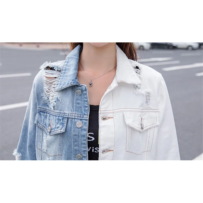 Размера плюс джинсовая куртка 2021 Весна Осенняя женская обувь синего цвета-белый