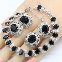 new arrival silver color jewelry sets for women black semi precious necklace pendant earrings ring bracelet christmas gift
