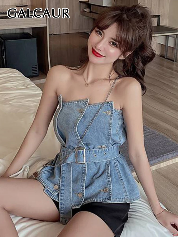 

GALCAUR Patchwork Ruched Denim Vest For Women Sexy Slash Collar Sleeveless Asymmetrical Design With Sashes Vests Female New