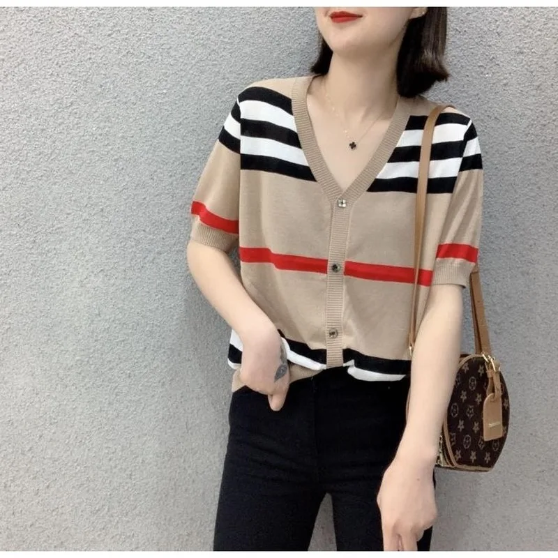 

Women Cardigan Summer Casual Ice Silk Knitted Short Cardigan V Neck Female Shirt Chic Loose Top Woman cardigan British Style